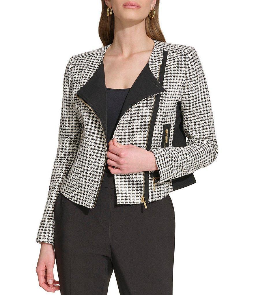 DKNY by Donna Karan Tweed Houndstooth Crew Neck Long Sleeve Zip Front Moto Jacket Product Image