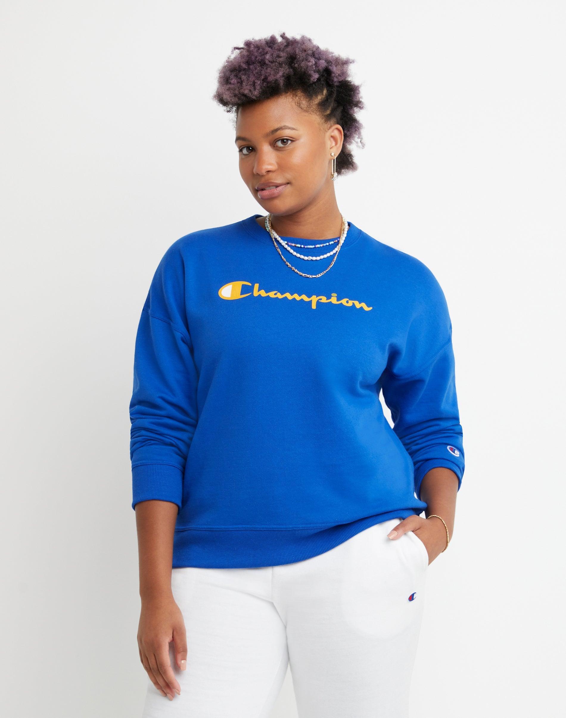 Womens Champion Powerblend Crewneck Sweatshirt, Script Logo Deep Dazzling Blue XS Product Image