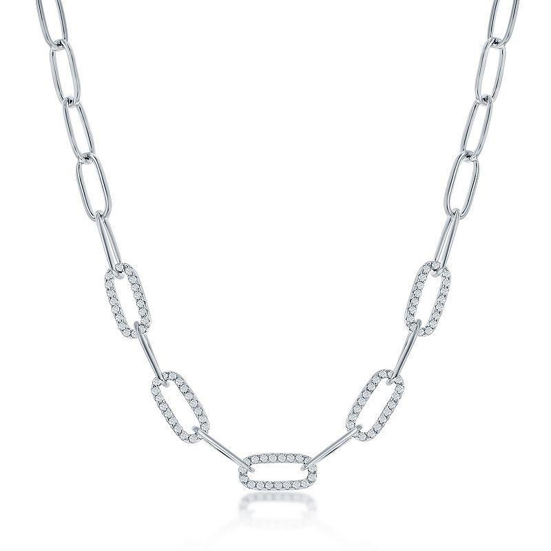 Argento Bella Sterling Silver Cubic Zirconia Bar Link & Paper Clip Chain Necklace, Womens White Product Image