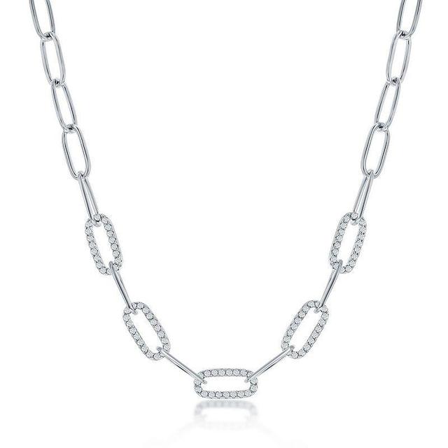 Argento Bella Sterling Silver Cubic Zirconia Bar Link & Paper Clip Chain Necklace, Womens White Product Image