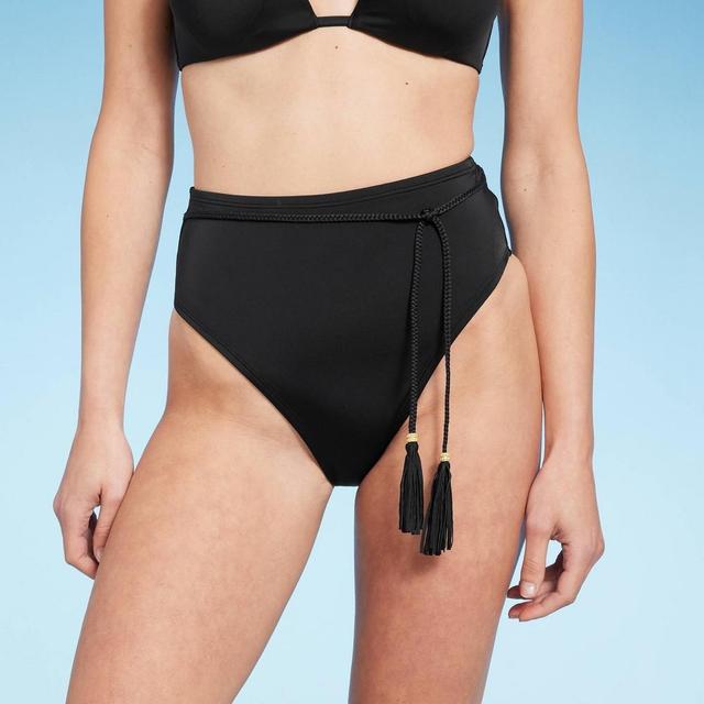 Womens High Waist High Leg Bead Detail Belted Bikini Bottom - Shade & Shore Black Product Image