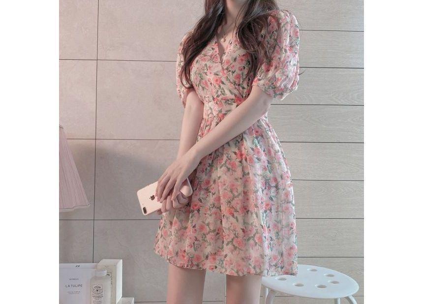 Floral Short-Sleeve V-Neck Mini A-Line Dress Product Image