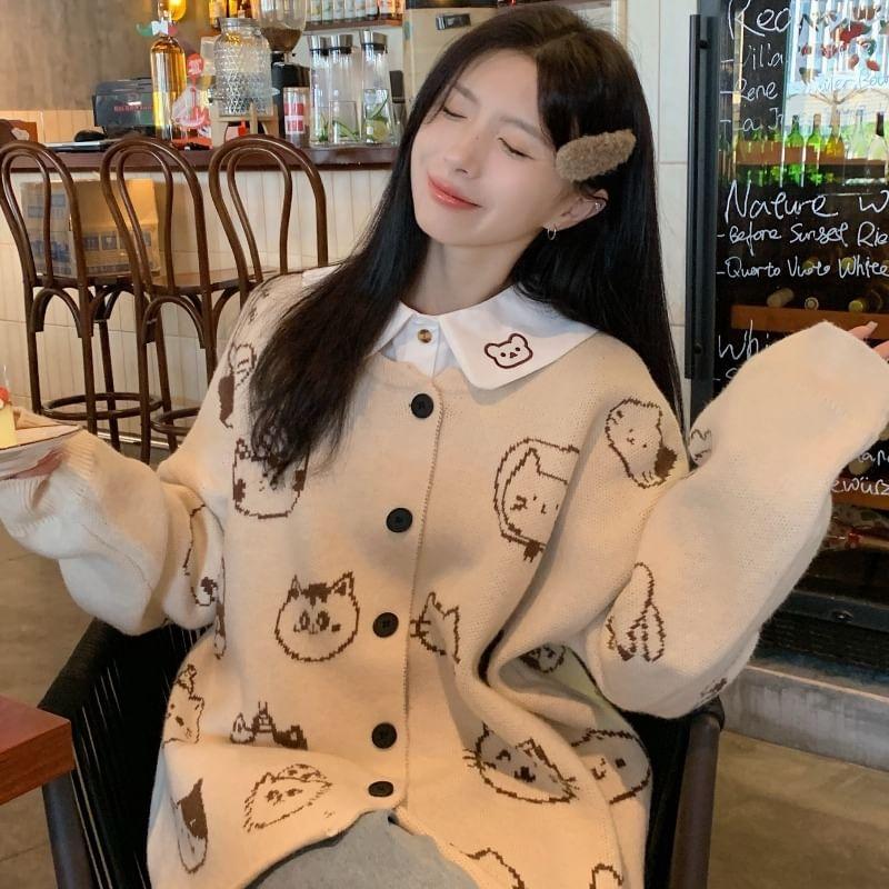 Long-Sleeve Cat Embroidery Shirt / Button-Up Cardigan / High Rise Wide Leg Pants Product Image