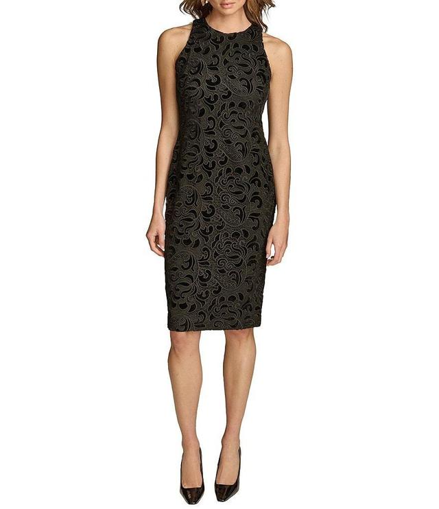 Donna Karan Velvet Lace Crew Neck Sleeveless Sheath Dress Product Image