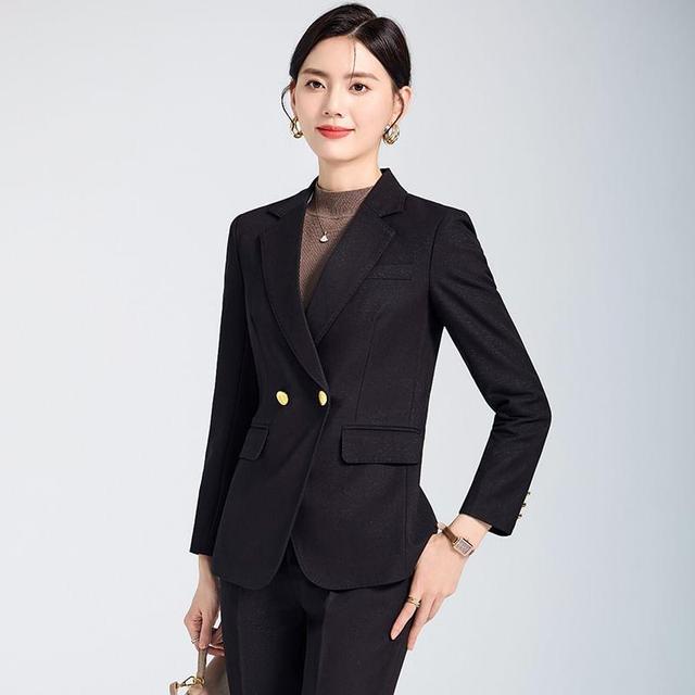 Lapel Collar Plain Double Breasted Blazer / Mid Rise Plain Dress Pants Product Image