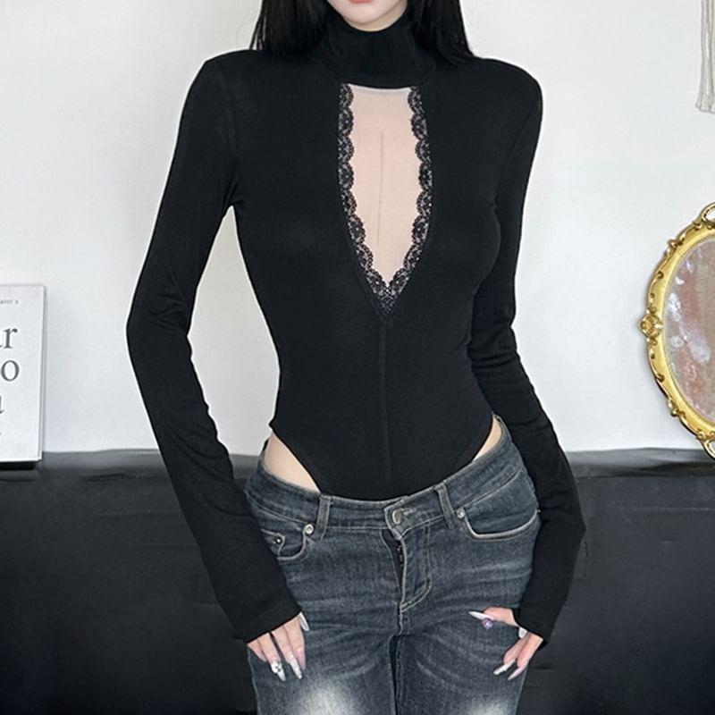 Long Sleeve Turtleneck Lace Trim Mesh Insert Bodysuit Top  Product Image