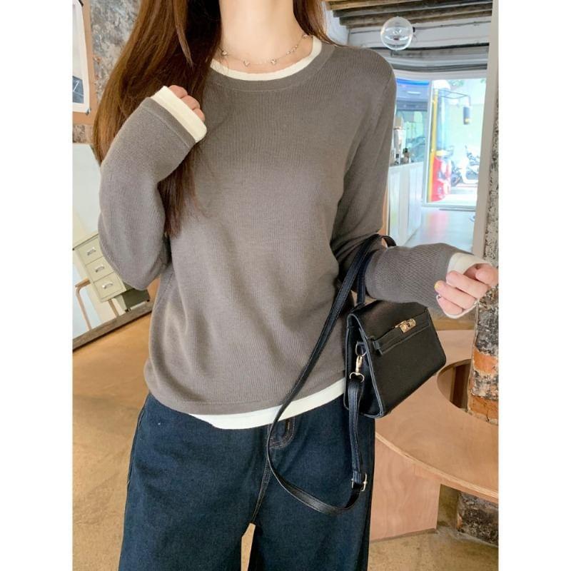 Mock Two-Piece Long-Sleeve Crewneck Two Tone Tee Product Image