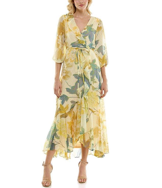 Maison Tara 3/4 Sleeve V-Neck Floral Chiffon Faux Wrap Maxi Dress Product Image