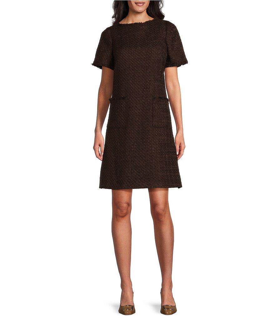 Preston & York Leona Tweed Fringe Boat Neck Short Sleeve A-Line Above the Knee Dress product image