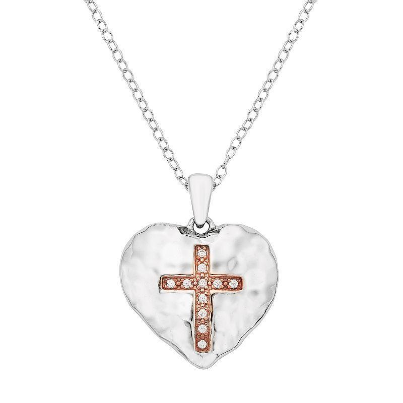 Sterling Silver Diamond Accent Cross Heart Pendant Necklace, Womens White Product Image