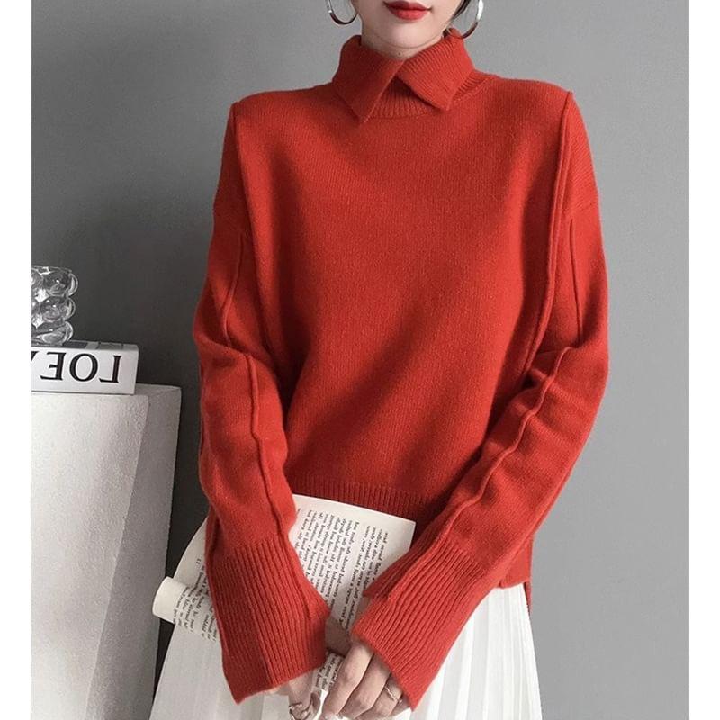 Long-Sleeve Polo-Neck Plain Sweater Product Image