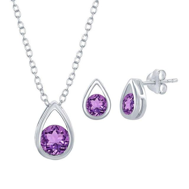 Sterling Silver Gemstone Teardrop Pendant & Stud Earring Set, Womens Purple Product Image