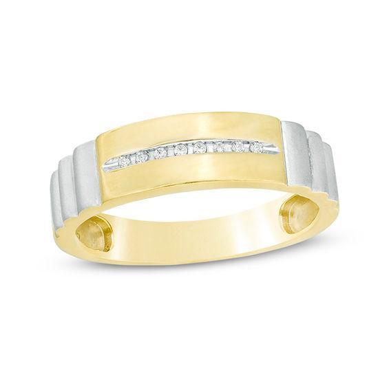 Men's Diamond Accent Groove Ribbed Shank Band in Sterling Silver and 14K Gold Plate Product Image