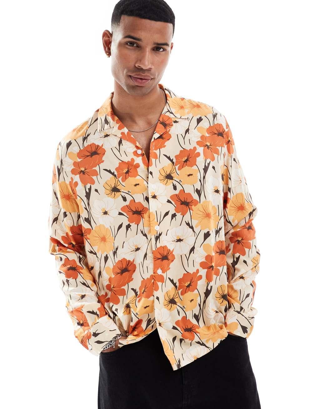 ASOS DESIGN relaxed revere shirt with retro floral print in orange  Product Image