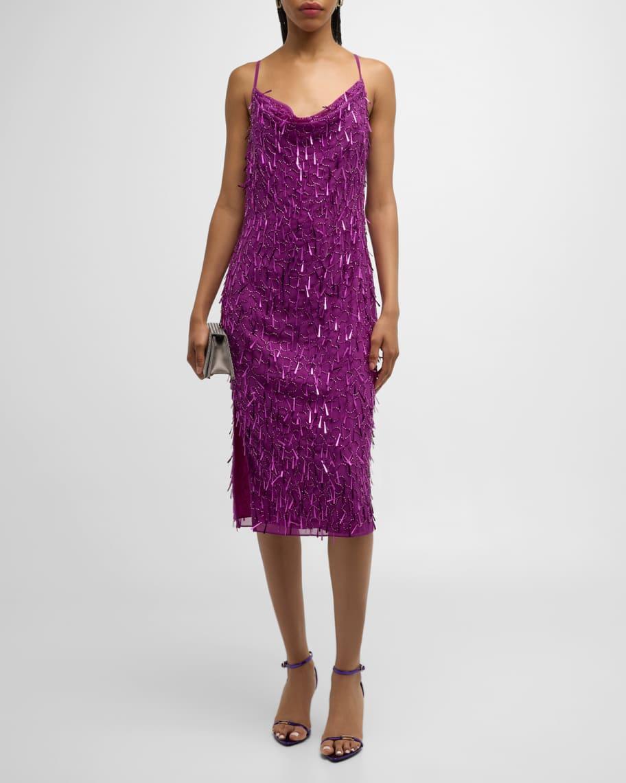 Cowl-Neck Bead and Sequin Midi Dress Product Image