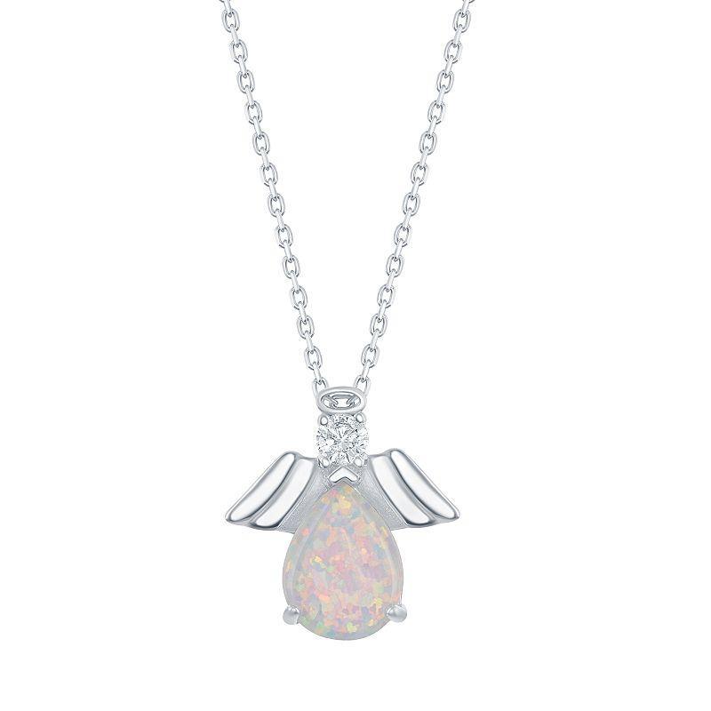 Sterling Silver White Opal with Cubic Zirconia Angel Pendant Necklace, Womens Product Image