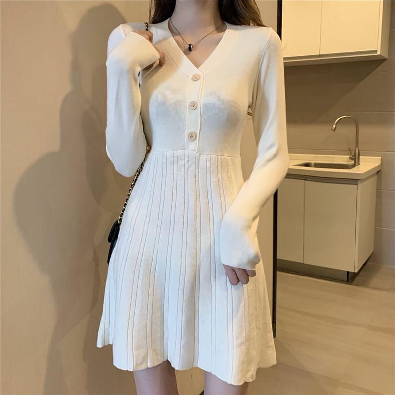 Long Sleeve V-Neck Plain Button Knit Mini A-Line Dress Product Image