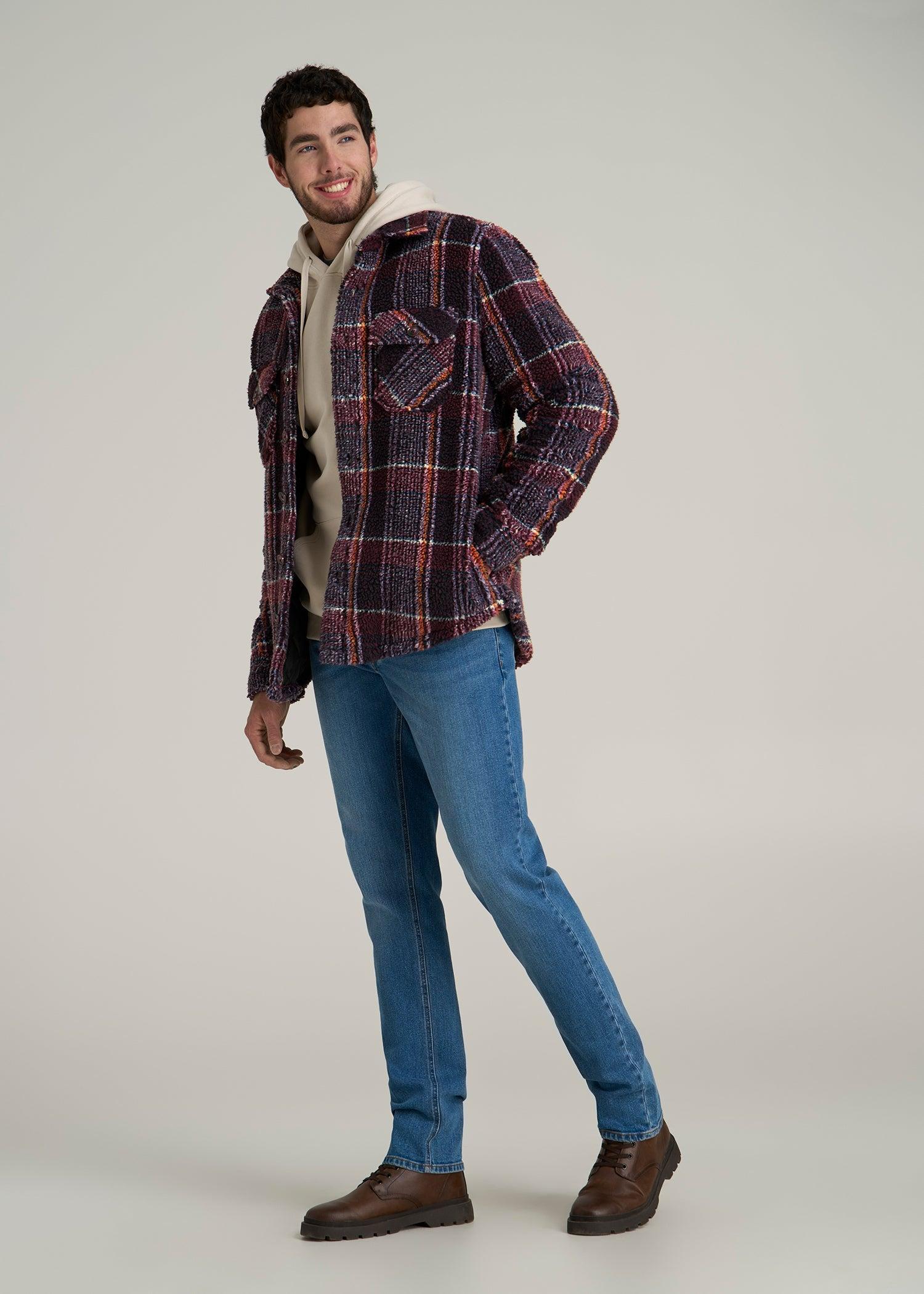 Tall Men's Sherpa Shirt Jacket in Burgundy and Navy Plaid Male Product Image