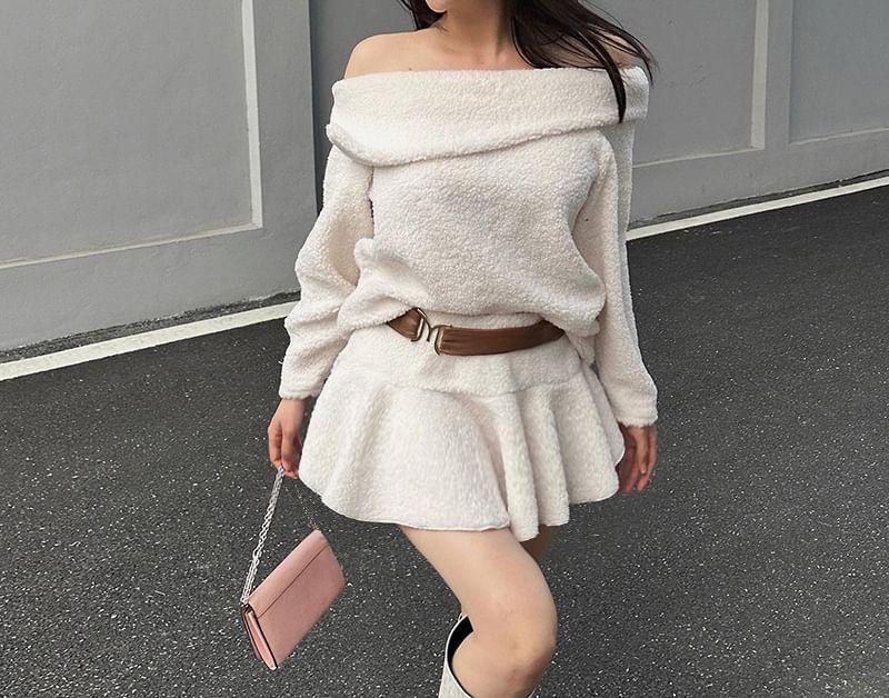 Set: Off-Shoulder Plain Sweater + Mid Waist Mini A-Line Skirt Product Image