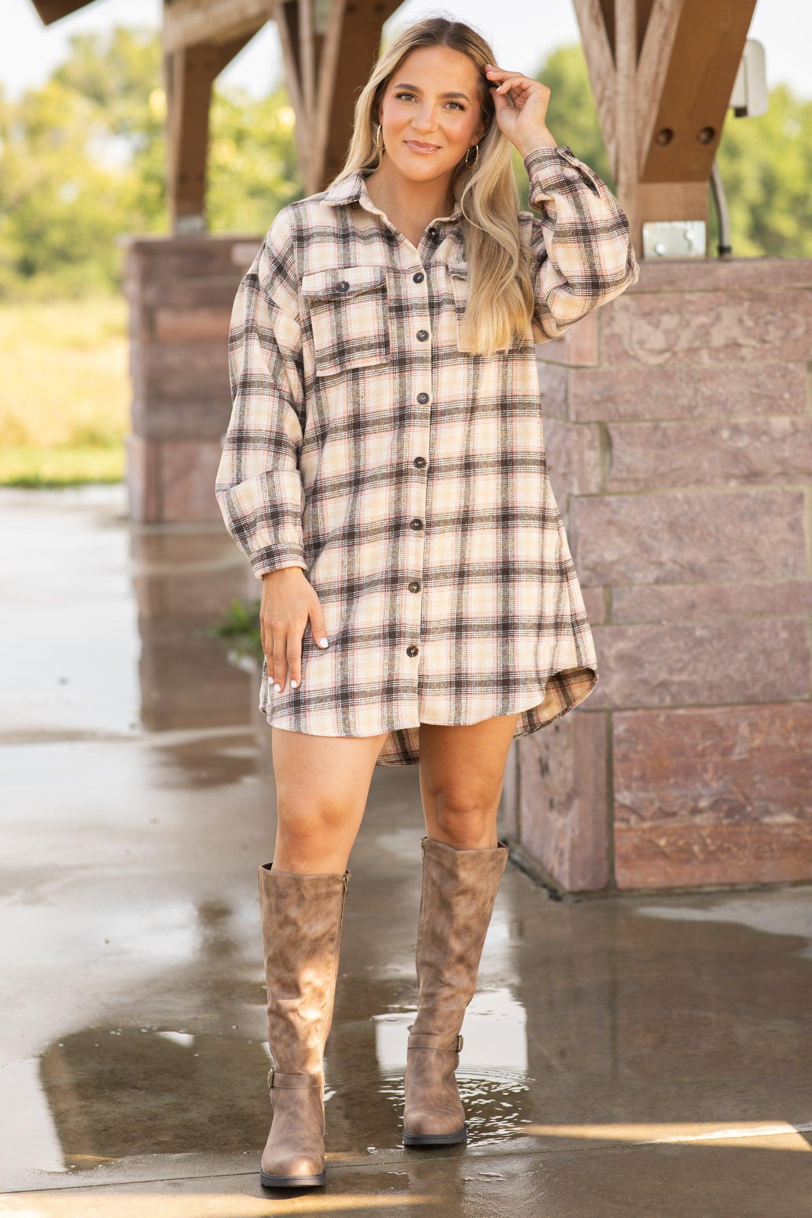 Brown and Tan Plaid Shirt Dress product image