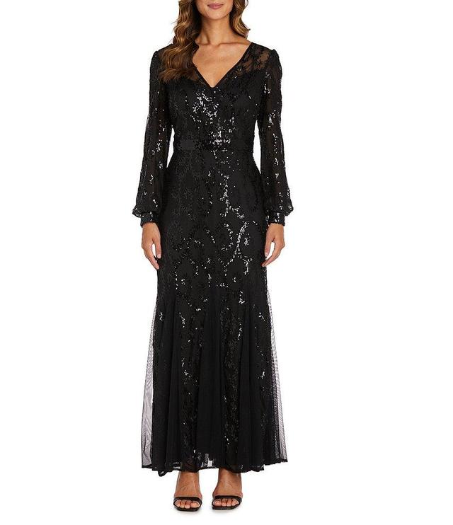 R & M Richards V-Neck Long Sleeve Embroidered Sequin Mesh Gown Product Image