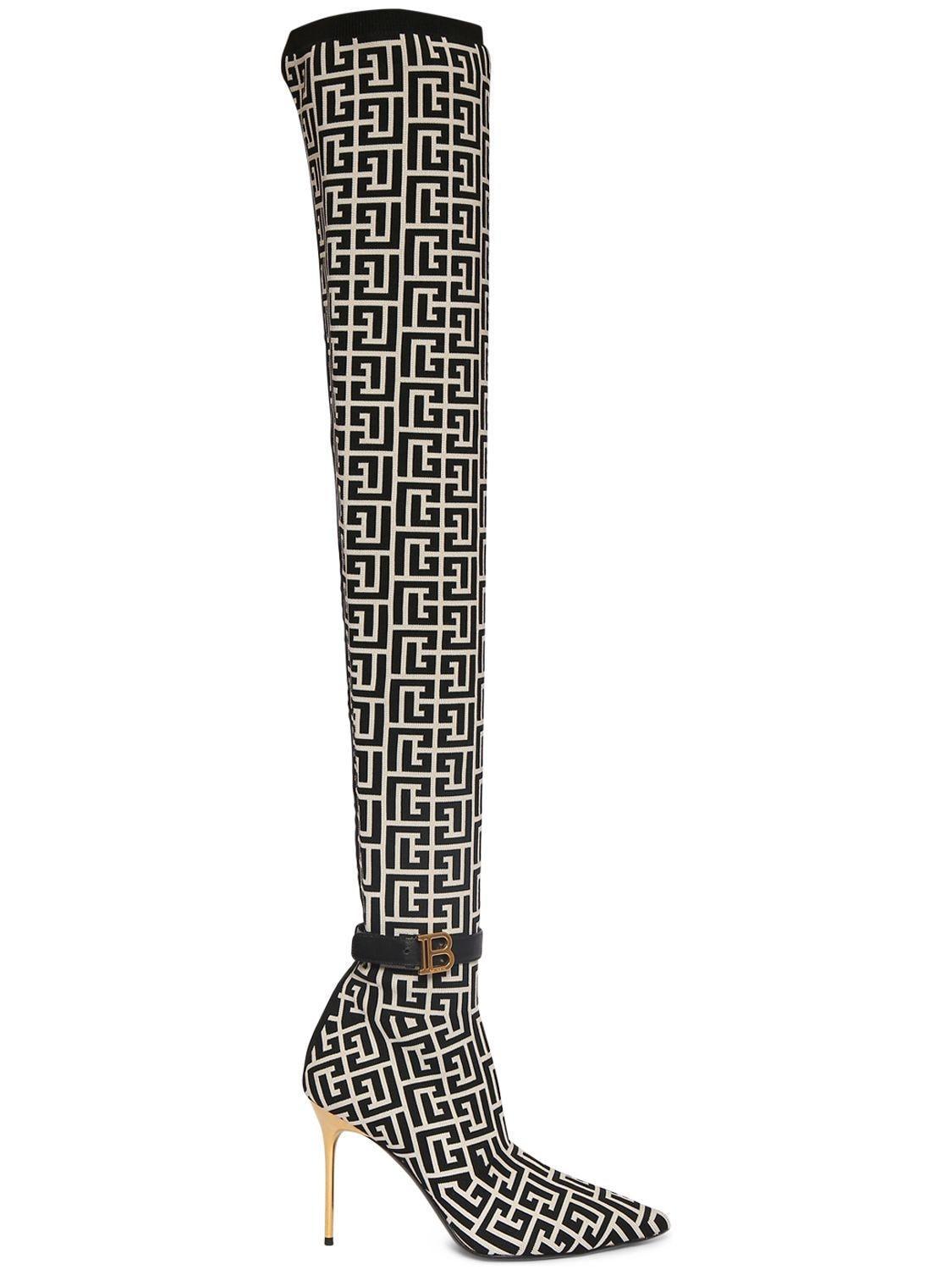 110mm Raven Monogram Knit Tall Boots In Beige Product Image