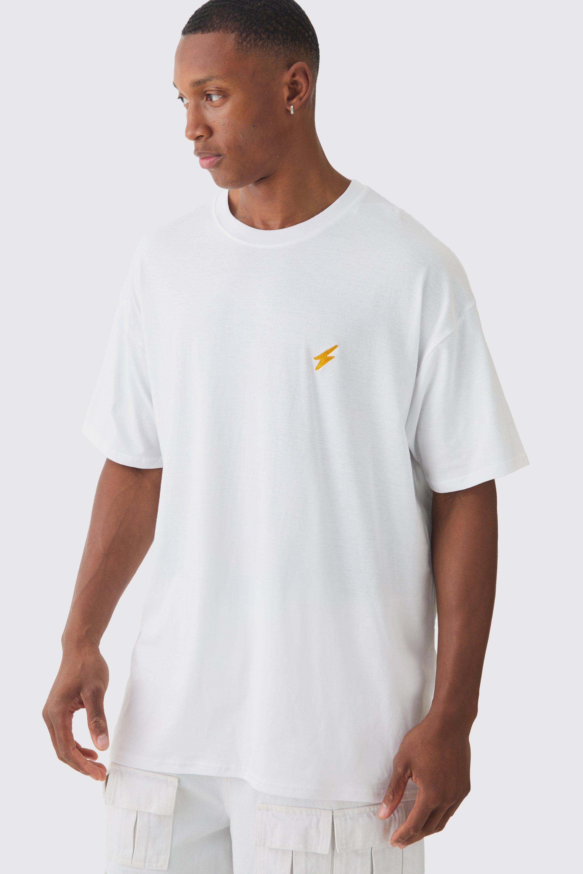 Mens White Oversized Lightning Embroidered T-shirt, White Product Image