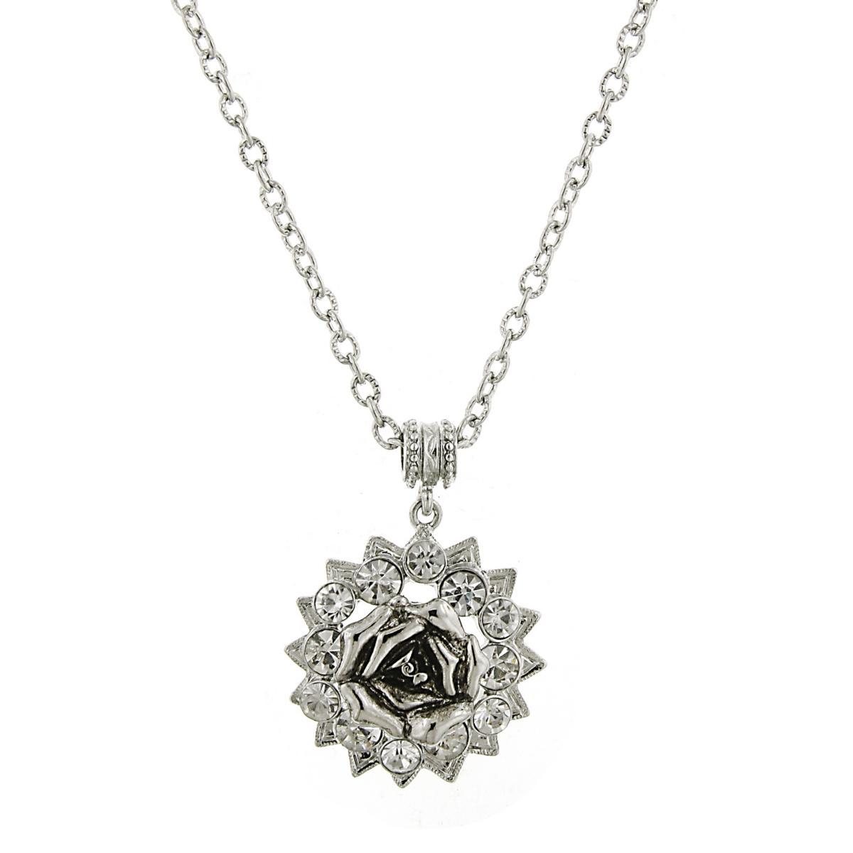 1928 Silver Tone Rose & Simulated Crystal Pendant Necklace, Womens Product Image