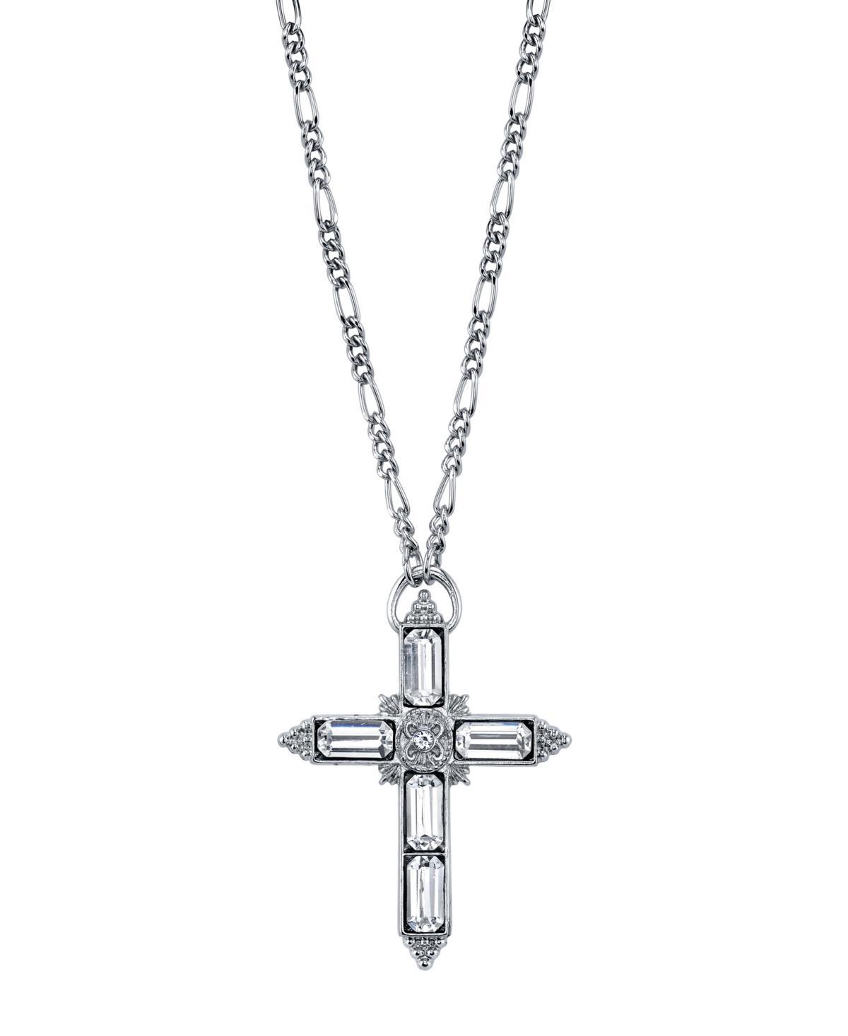 1928 Crystal Baguette Cross Pendant Necklace, Womens, Silver Tone Product Image