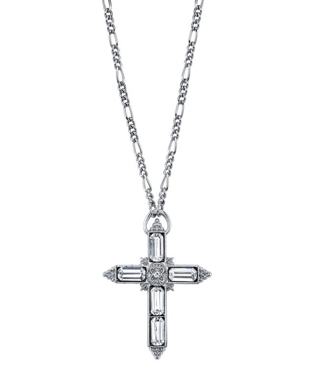 1928 Crystal Baguette Cross Pendant Necklace, Womens, Grey Product Image