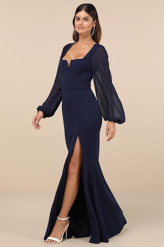 Composed Elegance Navy Balloon Sleeve Mermaid Maxi Dress Product Image