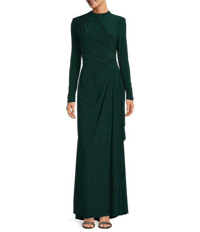 Betsy & Adam Stretch Jersey Side Drape Round Neck Long Sleeve Gown Product Image