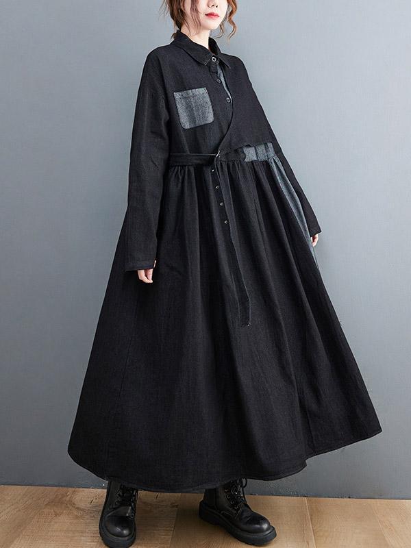 Original Loose Denim Split-Joint Tied Lapel Collar Long Sleeves Midi Dress Product Image