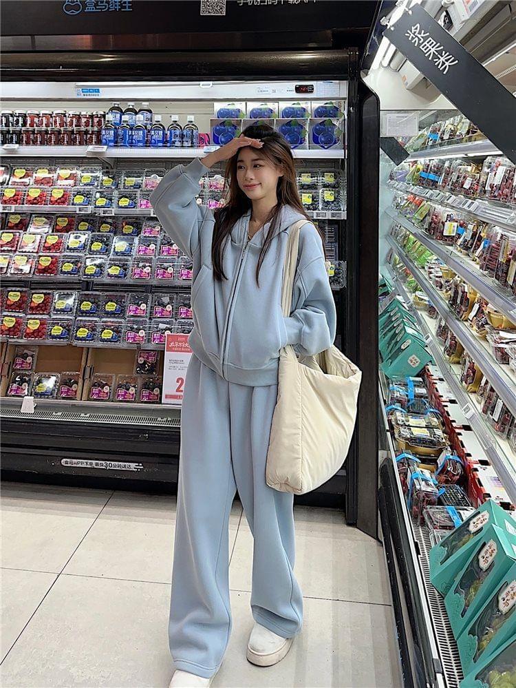 Plain Zip-Up Hoodie / High Waist Wide Leg Sweatpants Product Image