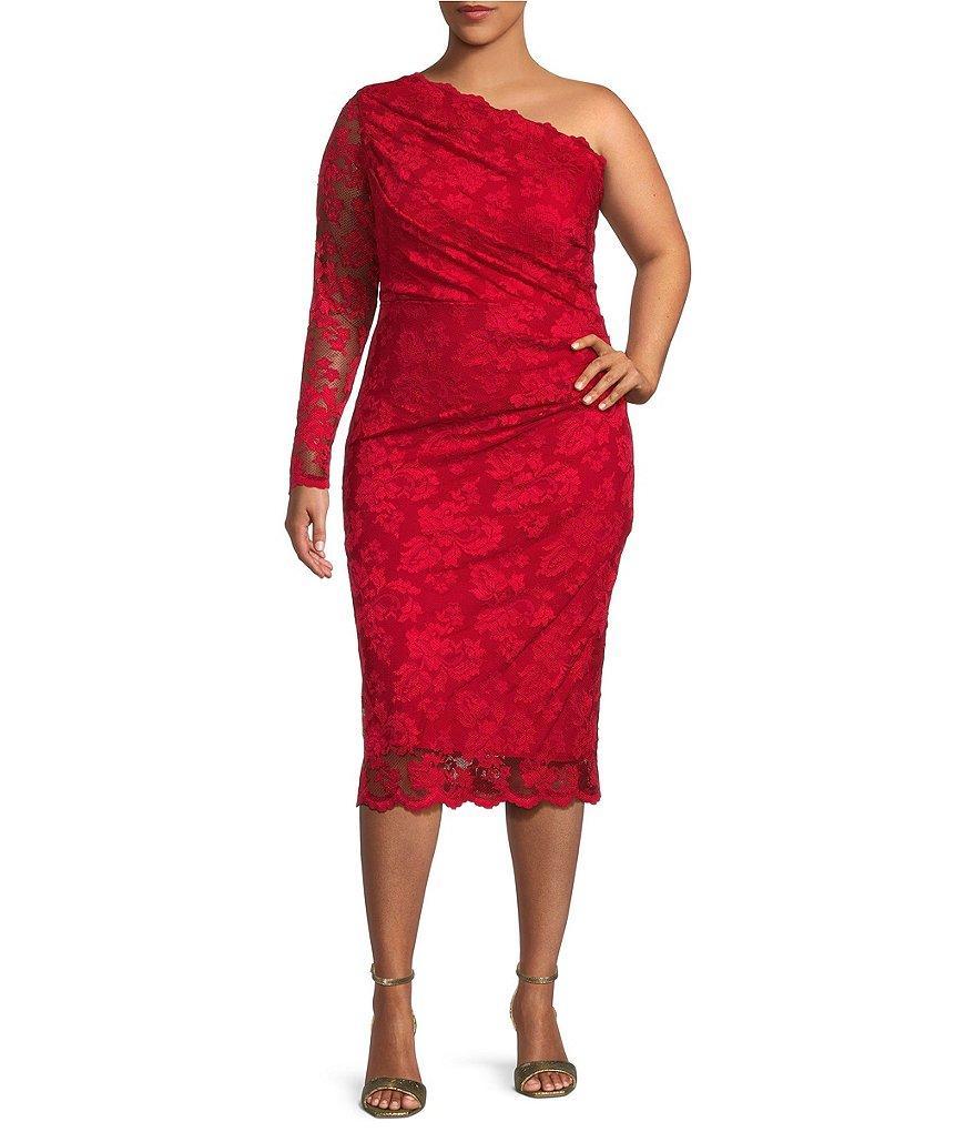 Marina Plus Size Lace One Shoulder Long Sleeve Sheath Dress product image