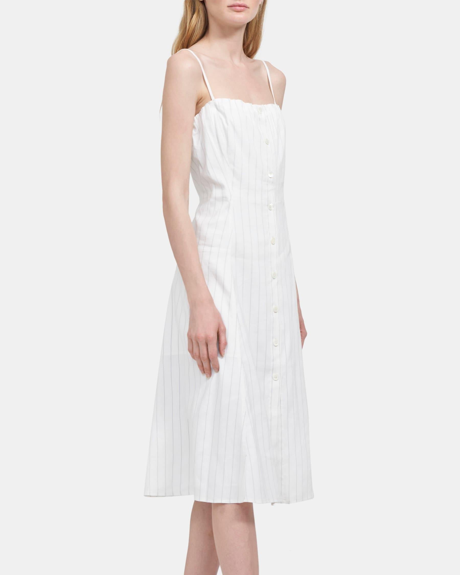 Button-Front Dress in Striped Linen Product Image