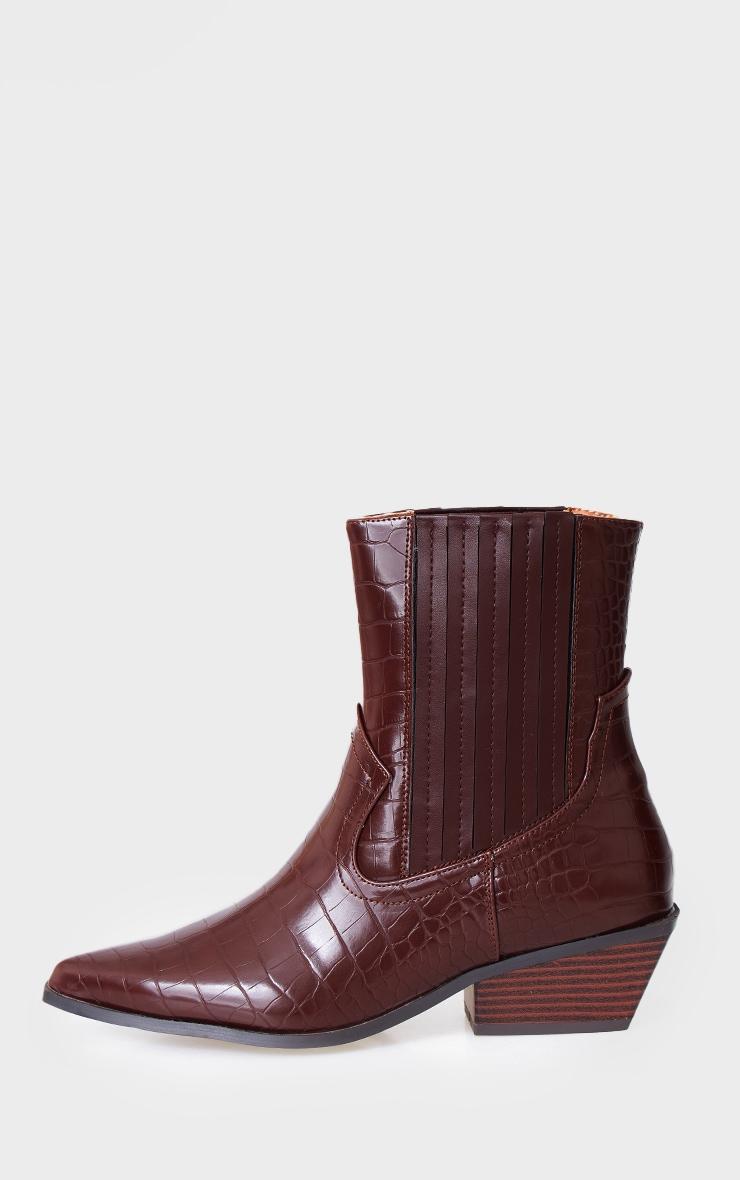 Chocolate Croc PU Point Toe Low Block Heel Western Ankle Boots Product Image