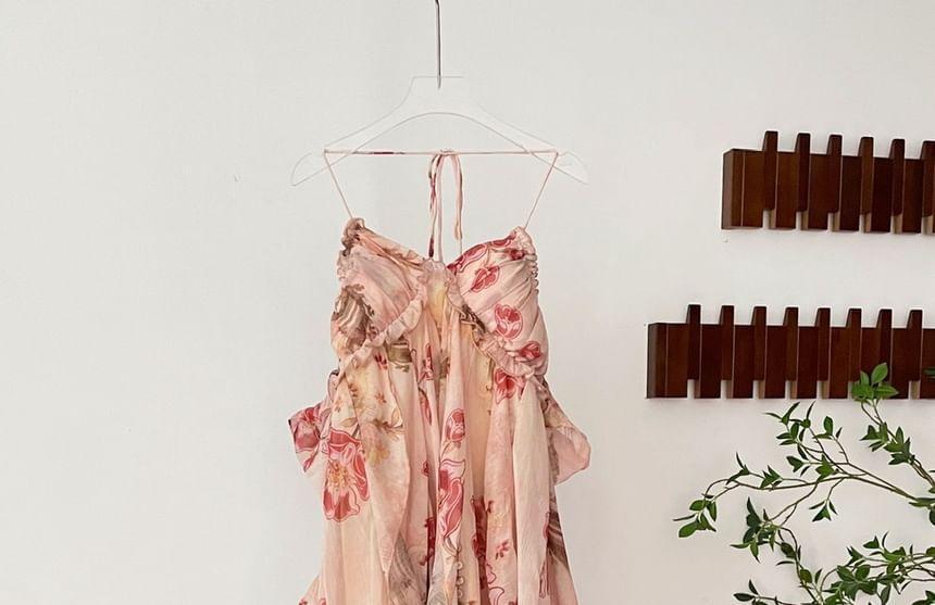 Long-Sleeve Cold Shoulder Floral Print Maxi A-Line Dress Product Image