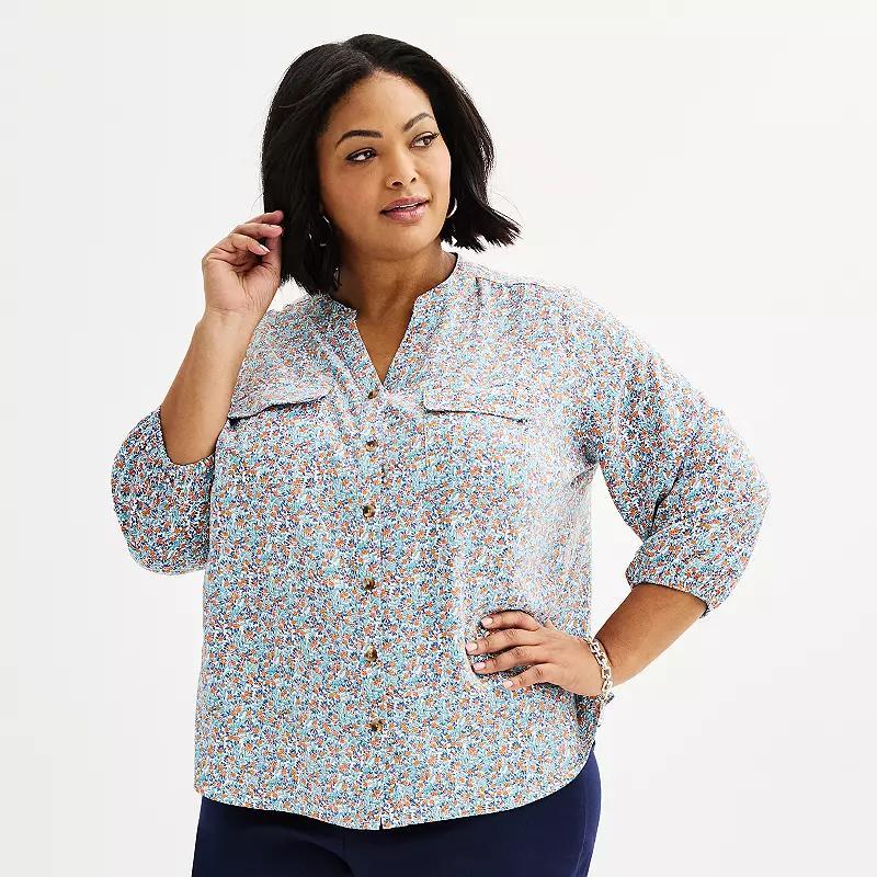 Plus Size Croft & Barrow Y Neck Button Front Blouse, Womens Blue Blooms Product Image