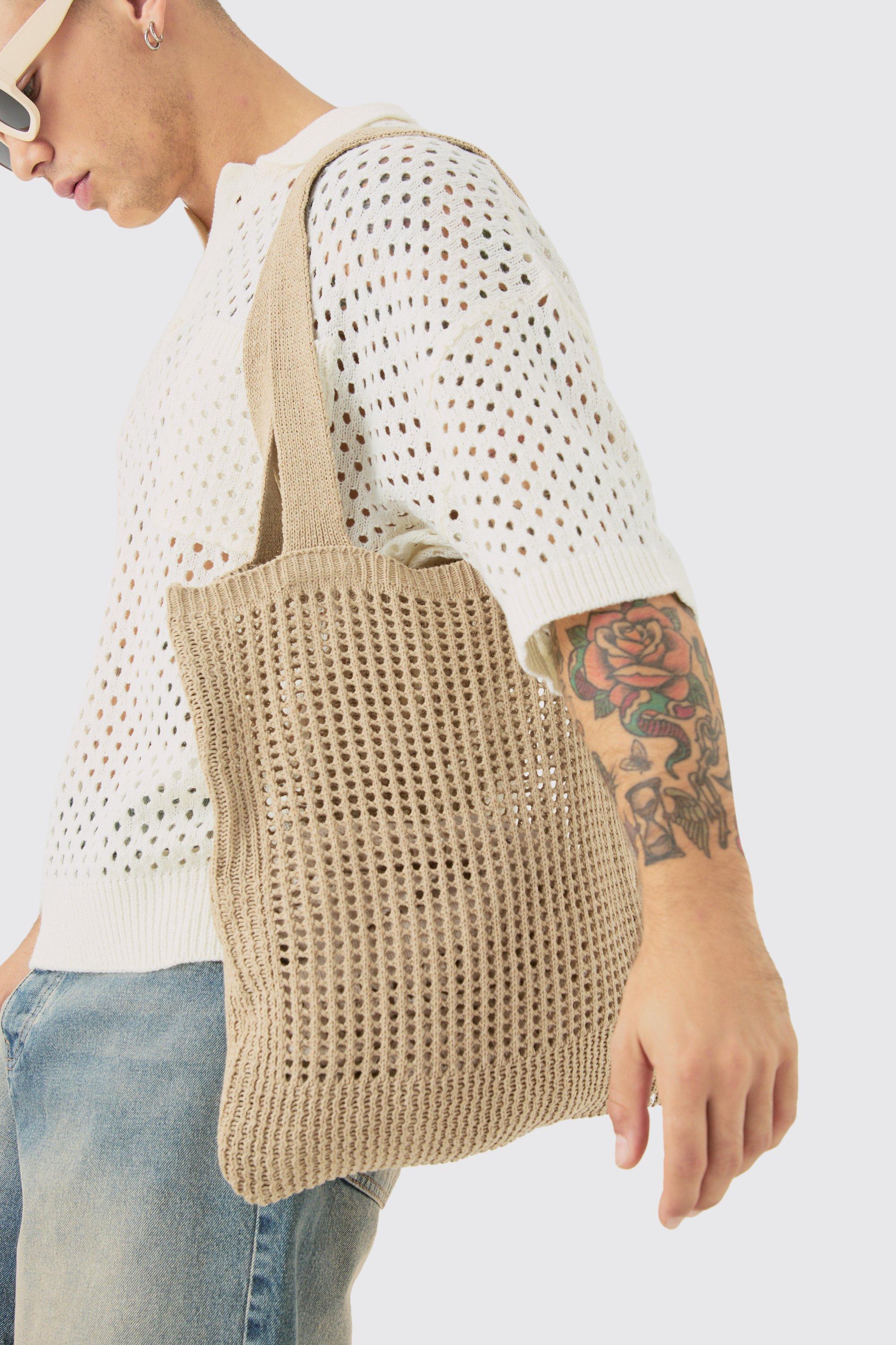 Crochet Tote Bag In Stone | boohooMAN USA Product Image