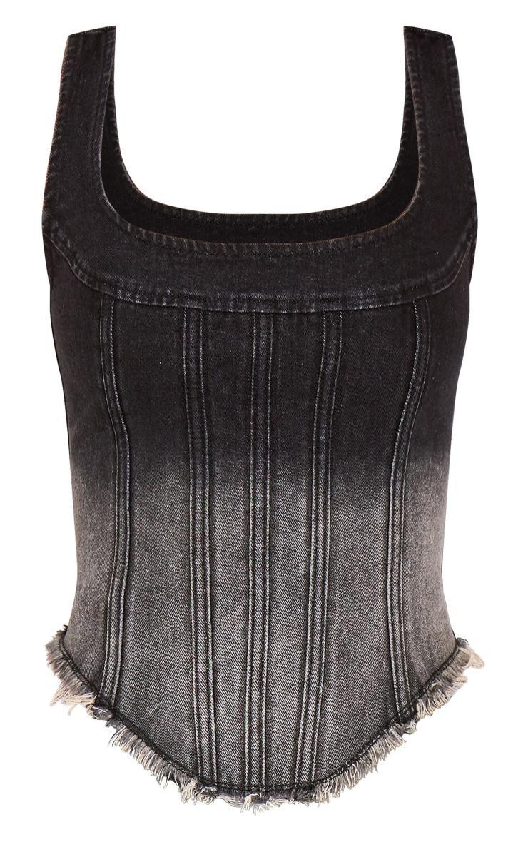 Tall Washed Black Frayed Hem Denim Corset Top Product Image