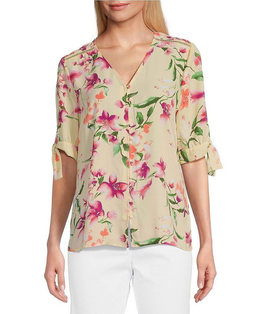 Investments Petite Size Woven Yellow Floral Harmony Print V-Neck 3/4 Tie Sleeve Top Product Image