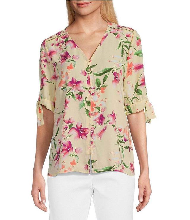 Investments Petite Size Woven Yellow Floral Harmony Print V-Neck 3/4 Tie Sleeve Top Product Image