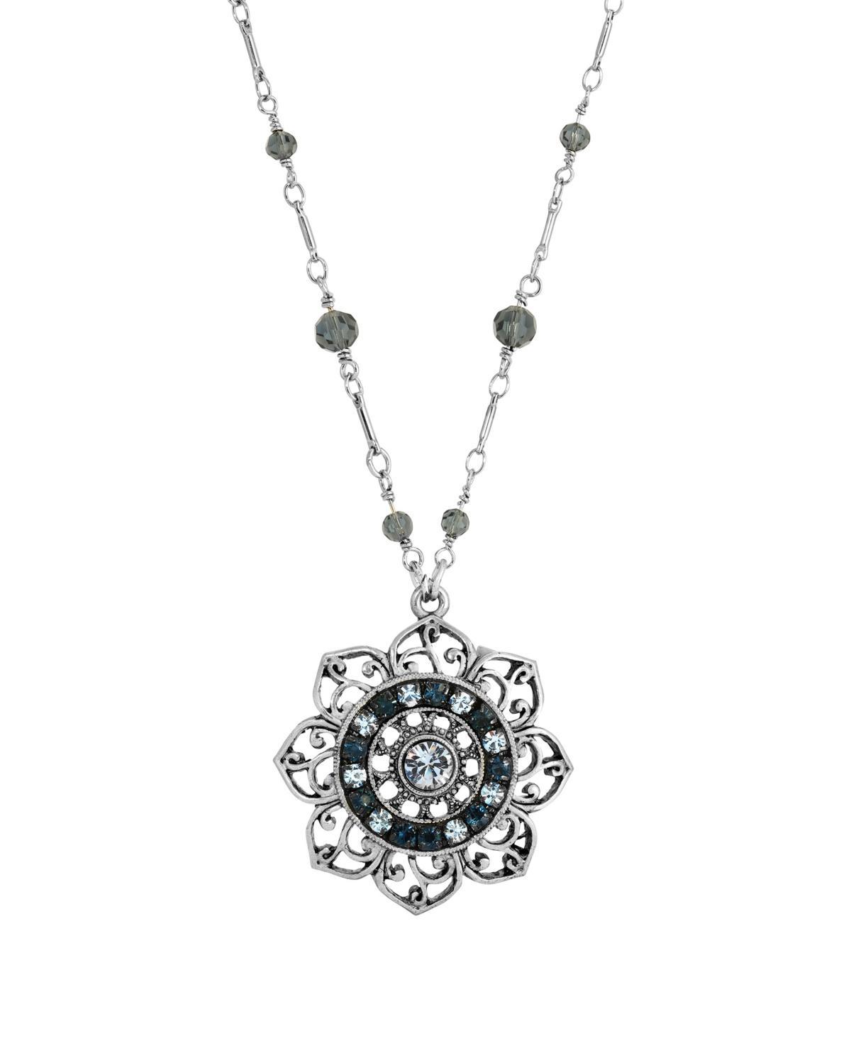 1928 Silver Tone Blue Flower Necklace, Womens Product Image