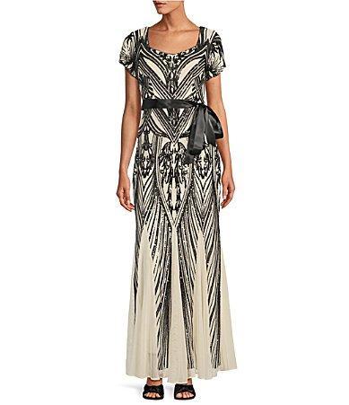 R  M Richards Short Sleeve Sweetheart Neck Embellished Sequin Panel Godet Dress Product Image