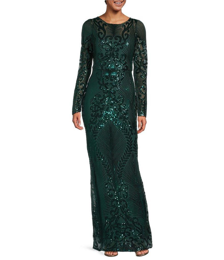 R & M Richards Boat Neck Long Sleeve Sequin Sheath Dress Product Image