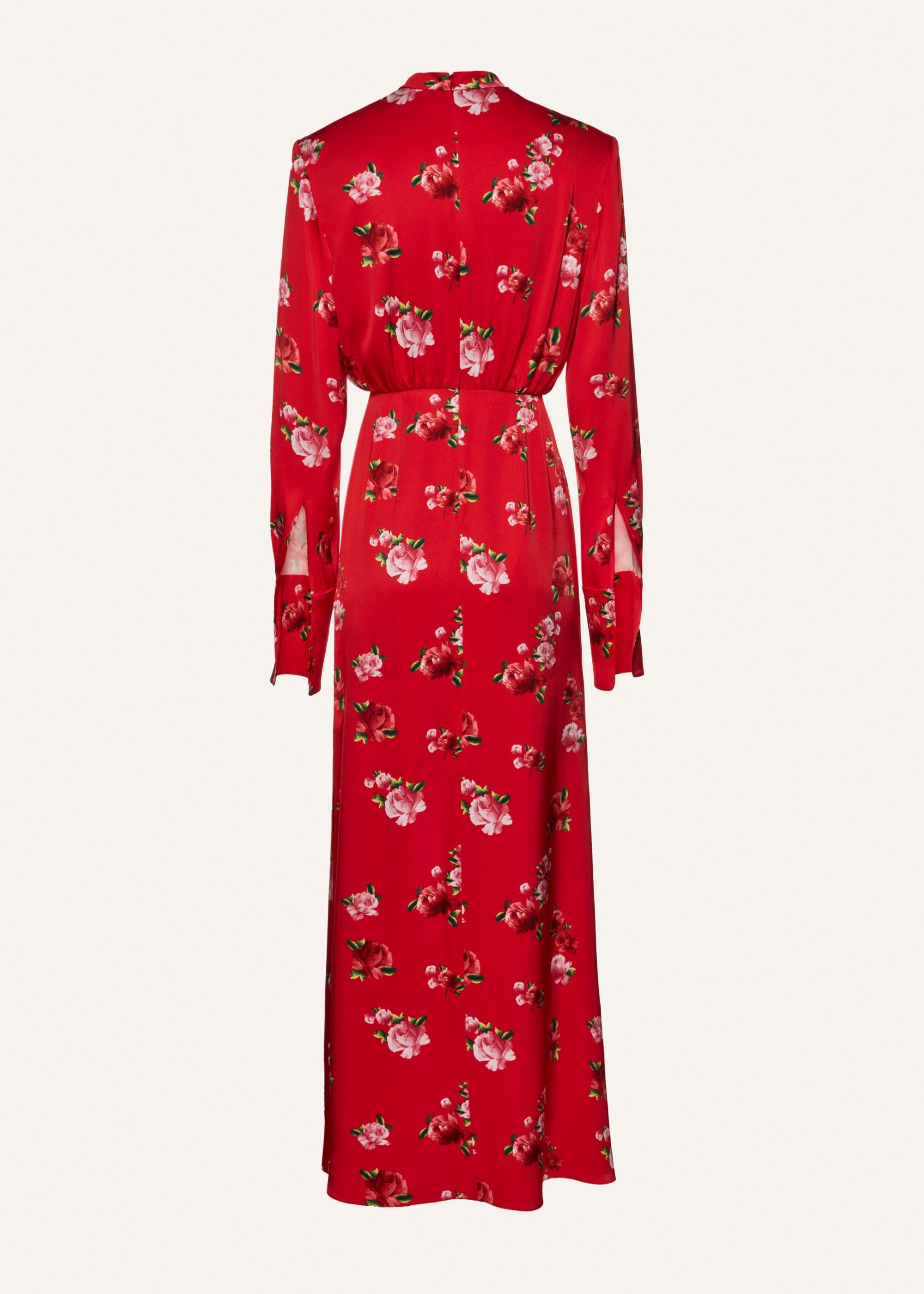 Silk round neck gown in red print Product Image