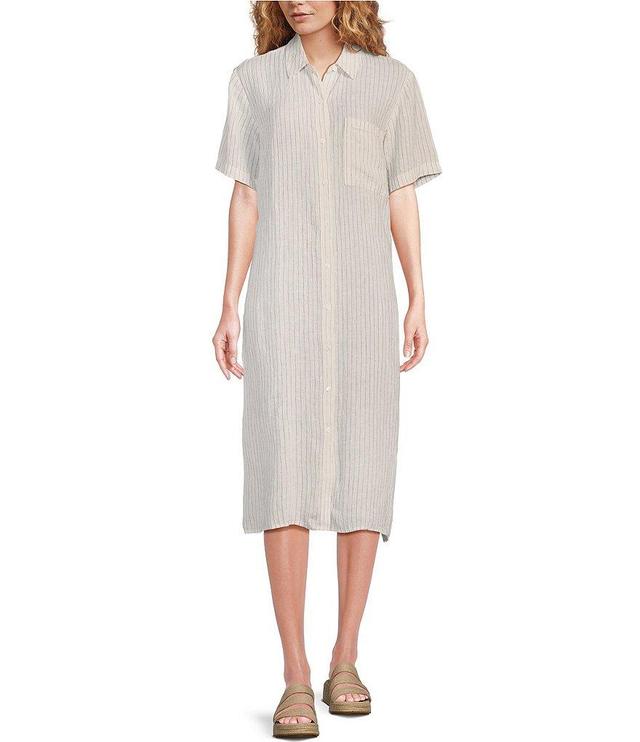 Eileen Fisher Puckered Organic Linen Point Collar Short Sleeve Button-Front Striped Shirt Dress Product Image