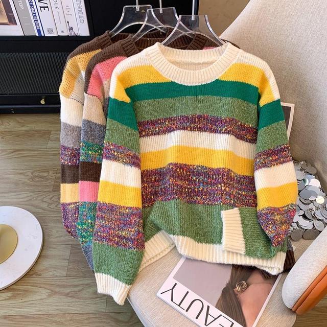 Round Neck Melange Panel Sweater Product Image