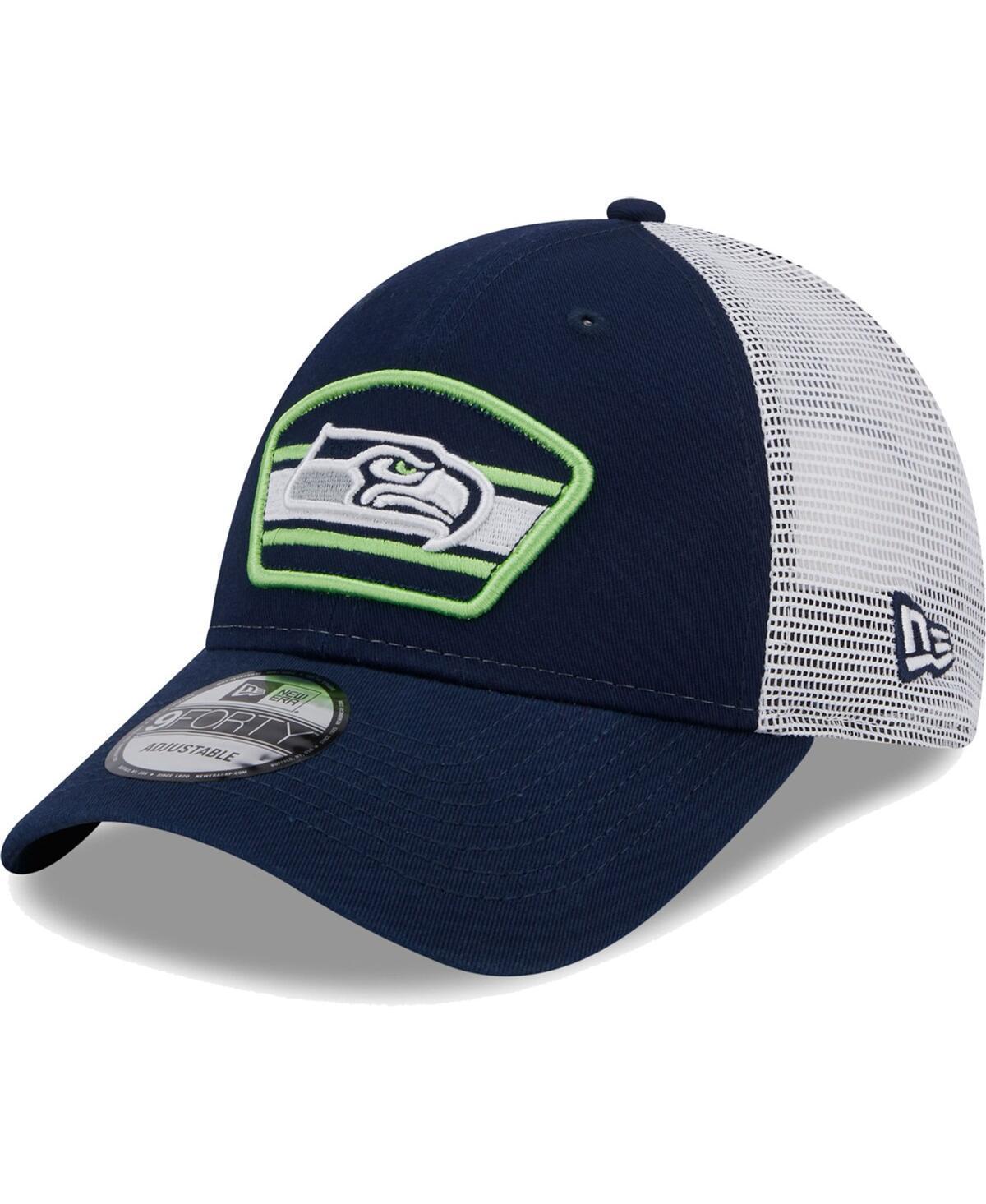 Mens New Era College Navy Seattle Seahawks Logo Patch Trucker 9FORTY Snapback Hat - College Navy Product Image